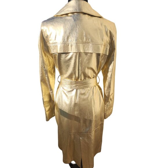 Glamorous Gold Metallic REAL Genuine Soft Leather Designer Jacket Coat Trench NW - Picture 7 of 16